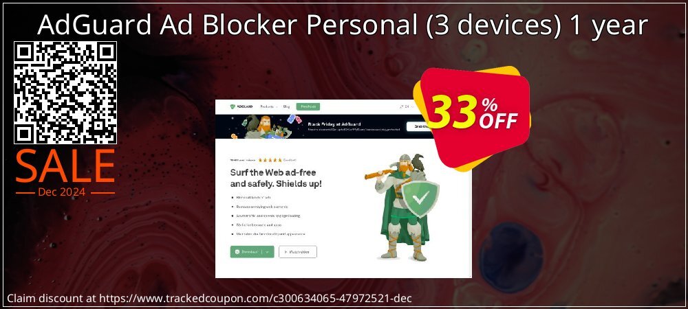 AdGuard Ad Blocker Personal - 3 devices 1 year coupon on Christmas Eve offer